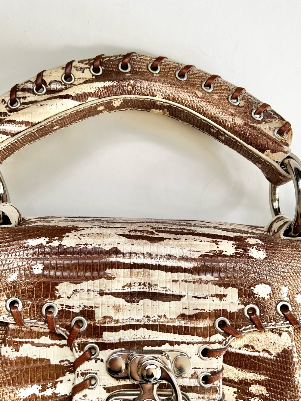 Sondra Robert’s Whipstitch Croc Embossed Two Tone Tan Satchel Hand Bag - Picture 4 of 11